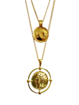 Double Layer Gold Coin Necklace 2 Disc Pendant Multi Gold Chain Fashion Jewelery - £4.09 GBP