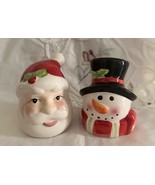 Vintage Ceramic Santa &amp; Snowman Heads Salt + Pepper Shakers 3&quot; Tall Unma... - €10,14 EUR