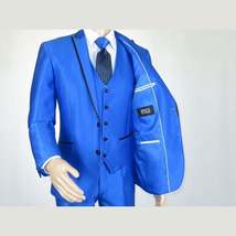 Mens Tuxedo Formal Suit ROYAL DIAMOND Slim Fit 3Pc Vested shiny Satin SL83 Blue image 15