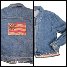 Y2K Womens Large Denim Jean Jacket Patriotic US Flag Floral Cottagecore ... - $42.41