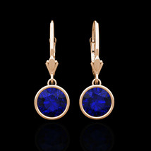 2.00 Ct Blue Sapphire Bezel Lever-back Earrings 14k Solid Rose Gold Round Cut - £93.95 GBP