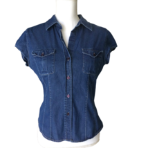 New York &amp; Co Womens Denim Form Fitting Top Size M Cap Sleeves Button Front - $24.47