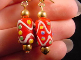 (EE-504-43) RED with white swirls DOT glass dangle earrings lampwork SPOTTED - £9.63 GBP