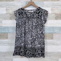 LOFT Paisley Split Neck Shell Blouse Black White Flutter Sleeve Womens Small - $14.84