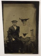 Antique Tin Type Photo Handsome Man and Lovely Lady in Big Hat - $15.00