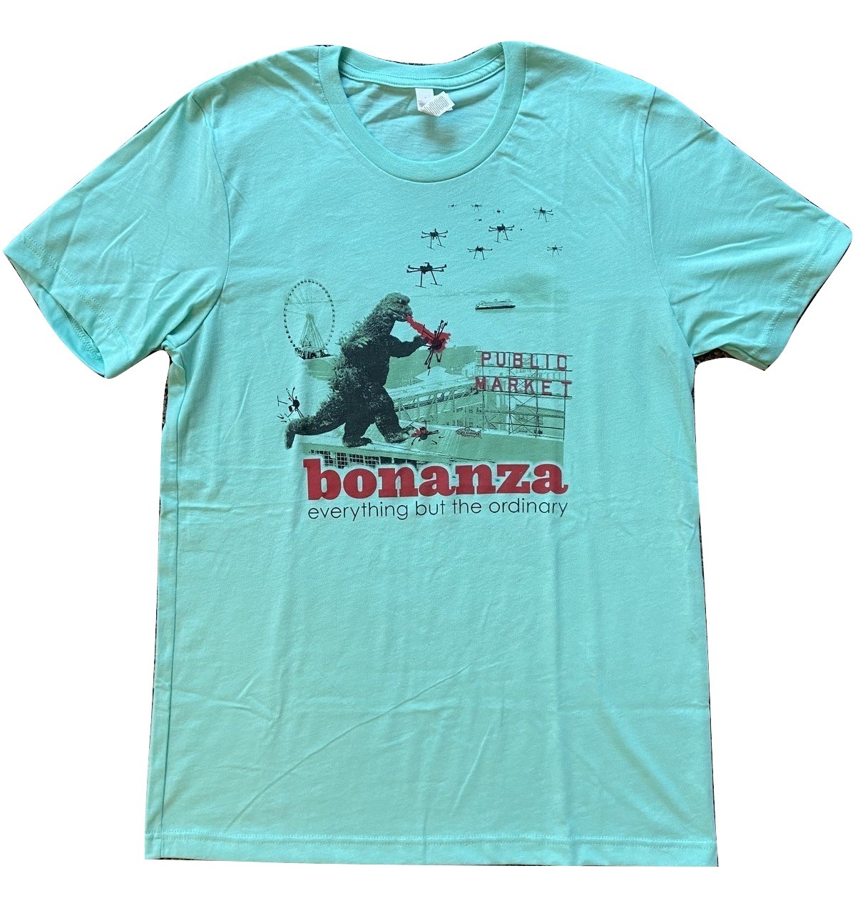 Primary image for Bonanza "Bonzilla Drone Attack" T-Shirt, Blue-Green