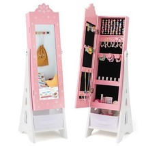 Kids Jewelry Cabinet with Full-Length Mirror and Foldable Drawer-Pink - Color: P - £104.71 GBP