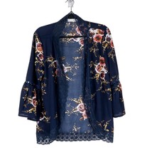 Hipster Row Cardigan Sweater L Womens Blue Pink Floral Lace Open 3/4 Sleeve - £13.65 GBP