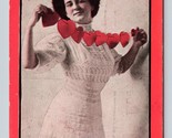 Woman w Paper Heart Garland J Thomas Valentine Red Border DB Postcard O5 - £8.50 GBP
