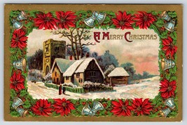 Postcard Embossed Merry Christmas Snow Cottage Poinsettias Bells Wintry Scene - £3.90 GBP