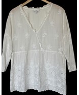 J. Jill Top M Petite White Eyelet Embroidered Faux Wrap Boho Beach Cotta... - $21.55