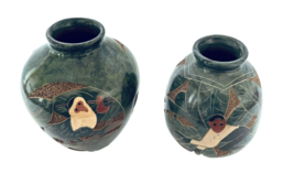 Pottery Vases One is Signed from Puerto Rico Turtle Monkeys Toucan Green... - $26.61