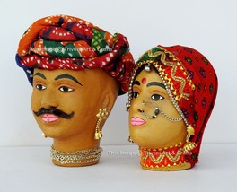 Terracotta Exotic Couple Statue Rajasthani Famous Kaka Kaki Tribal Ethnic Figure - £39.12 GBP