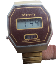Vintage Mercury Digital Solar Quartz Watch Wristwatch Goldtone &amp; Brown - $13.99