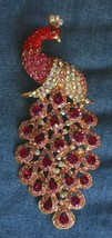 Fabulous Vintage Red &amp; Pink Rhinestone Gold-tone Peacock Brooch / Pendant 4 3/4&quot; - £23.94 GBP