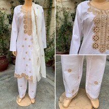 Pakistani white  Straight Shirt 3-PCS Lawn Suit w/ Threadwork ,Large - £62.84 GBP