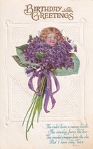 Birthday Greetings Violets Bouquet Girl&#39;s Head Leaves Postcard D36 - £2.34 GBP