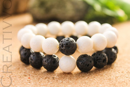 10mm White Coral &amp; Black Lava stone, Couple Bracelets, Black Bracelet, White Bra - £24.04 GBP