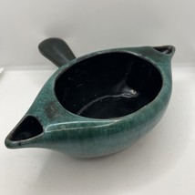 Evangeline Gravy Boat Teal Color Drip Glaze Pottery 2 Spouts Handle Vintage MCM - $30.96