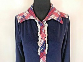 JCPenney Junior Robe Navy Blue Red Plaid Collar Trim size M Vintage 1970s DS7 - £10.31 GBP