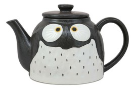 Whimsical Fat Black Owl Ceramic 52oz Large Tea Pot With Built In Strainer Spout - £21.64 GBP