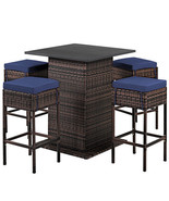 5 Pieces Patio Rattan Bar Table Stool Set Hidden Storage Shelf Cushioned... - €346,97 EUR