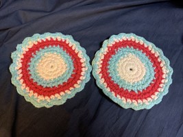 2 Vintage Crocheted Hot Pads 6” Red White Blue - £11.22 GBP
