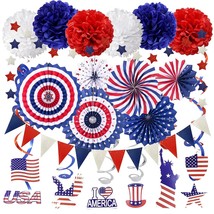 Usa Party Supplies, Navy Blue Red Paper Fans Set Pom Poms Star Streamer Hanging  - £23.96 GBP
