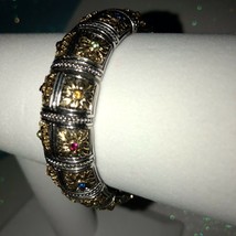 Joan Rivers Signed Flourentine Stretch Bracelet Silver Gold Tone W Crystals - £39.30 GBP