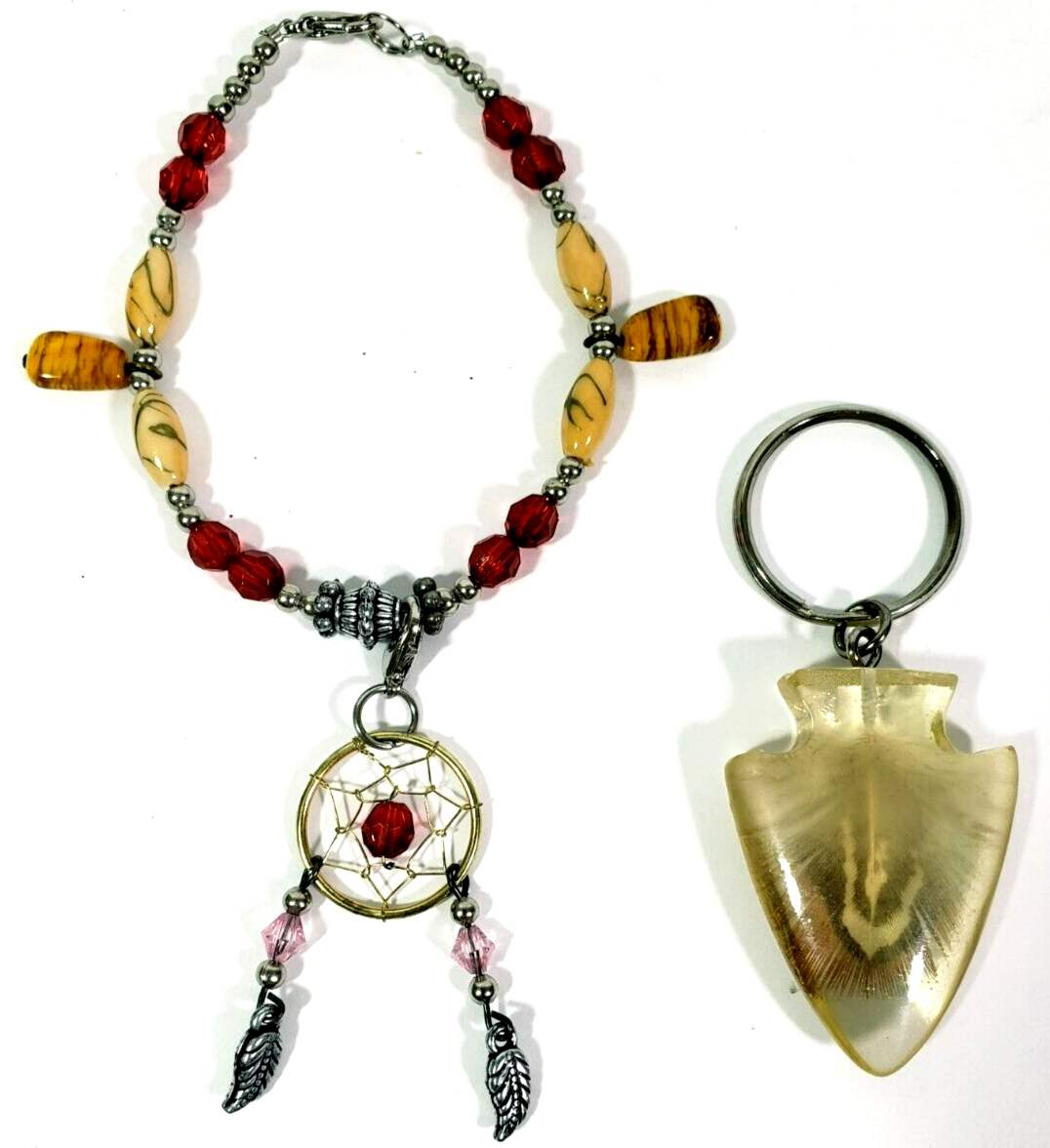 Primary image for Gold and Red Dreamcatcher Bracelet and Arrowhead Keychain NWOT