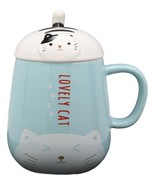 Lovely Cat Paw Prints With Lid And Tail Spoon Blue Ceramic Coffee Tea Mu... - $25.28 CAD