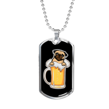 Pug Dog Beer Necklace Stainless Steel or 18k Gold Dog Tag 24&quot; Chain - £37.92 GBP+