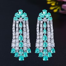 Elegant Light Blue Cubic Zirconia Long Tassel Waterdrop Fringed Dangle Earrings  - £19.84 GBP