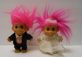 WEDDING TROLL DOLL Toy lot of 2 BRIDE &amp; GROOM Pink Purple Hair Russ - £23.66 GBP