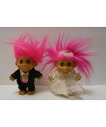 WEDDING TROLL DOLL Toy lot of 2 BRIDE &amp; GROOM Pink Purple Hair Russ - £23.39 GBP