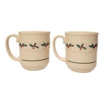 2 Longaberger Pottery Christmas Holly Berry Woven Traditions Coffee Mugs Cup EUC - £23.59 GBP
