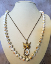 Owl Flower Cab Rhinestone Floral Beaded Necklace Lot Retro 1970s - £38.00 GBP