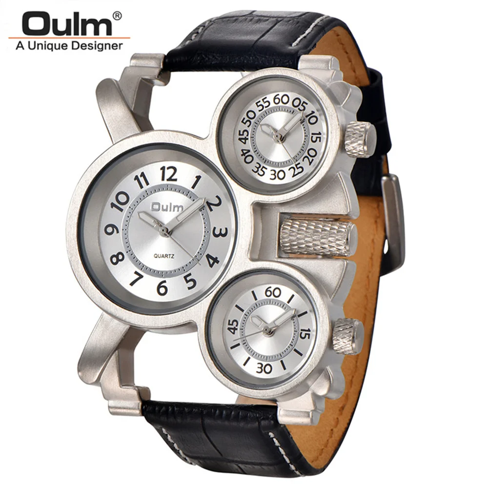 Watch  Style Men  Oulm 1167 New Retro Male Watch Unique 3 Time Zone Clock Leathe