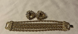 Mid Century Gold Tone and Rhinestone Multi Strand Bracelet and Clip Earr... - $14.25