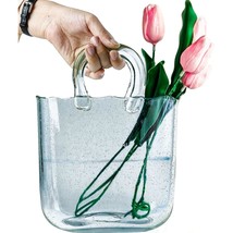 Purse Vase For Flowers (Handmade) Blue Glass Bag Vase -10 Inches- Clear Vase For - £48.90 GBP