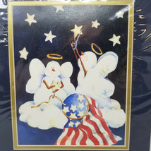 Angel Snowman Adding Stars from Sky to USA Flag Patriotic Art Print Vintage - $18.95