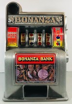 Vintage Bonanza 11” Toy Slot Machine 4 Reel Bank Coins Money Reels Work Tested - £23.42 GBP
