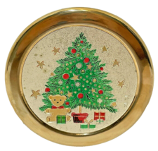 Vintage Christmas Ceramic Coaster Gold Painted Christmas Tree Teddy Bear Present - £7.32 GBP