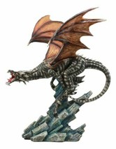 Large Flying Striped Dragon Over Frozen Rocks Statue Mythical Fantasy Fi... - $104.99