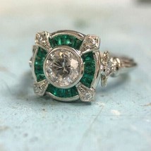 Vintage Art Deco 2.90Ct Emerald &amp; Simulated Diamond Engagement Ring 925 Silver - £81.28 GBP