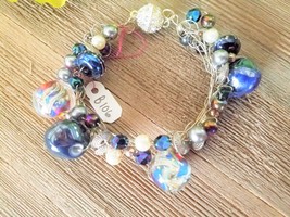 Cosmic Lampwork Glass Beaded Wire Crochet over memory wire bracelet - £39.82 GBP