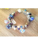 Cosmic Lampwork Glass Beaded Wire Crochet over memory wire bracelet - $50.00