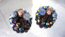 Retro Glass Beaded Clip Earrings Blue AB Rhinestone Gold Tone Filigree Chunky  - £14.15 GBP