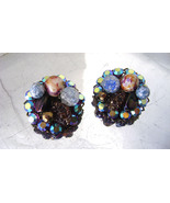 Retro Glass Beaded Clip Earrings Blue AB Rhinestone Gold Tone Filigree C... - £14.34 GBP