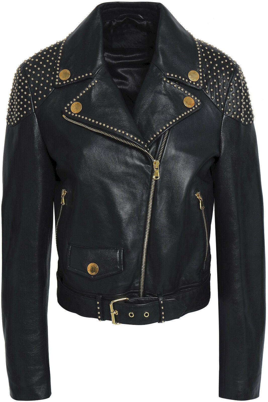 Customized Handmade Women Black Biker Gold Small Studded Genuine Leather Jacket